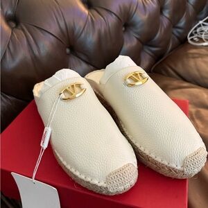 Valentino Cream Espadrille Mules with Gold Logo